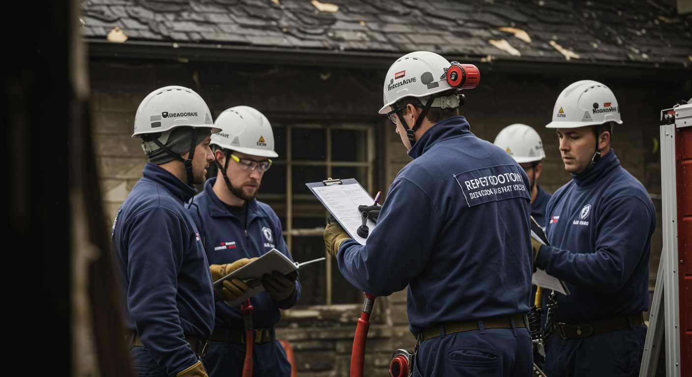 A professional restoration team in action, wearing safety gear, working together to assess and repair a home affected by fire damage.