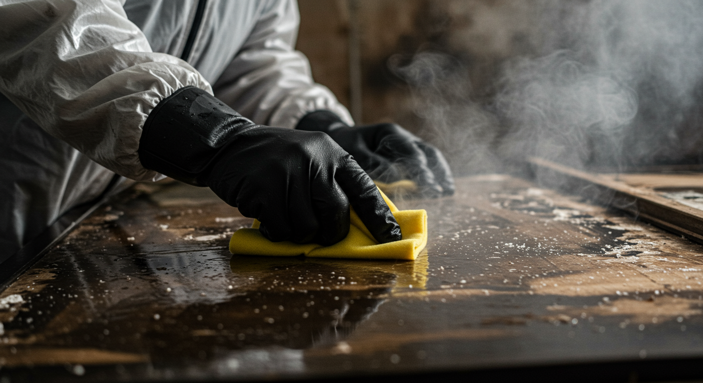 A restoration technician applying a cleaning solution to a smoke-damaged surface, with a focus on their careful technique and attention to detail.