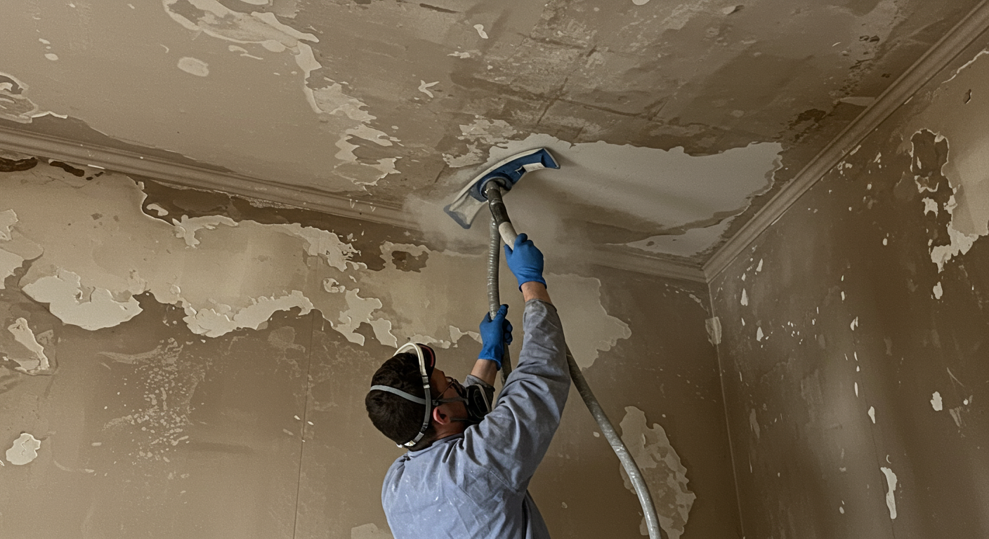 Technicians working diligently to remove smoke damage from walls and ceilings using specialized equipment.