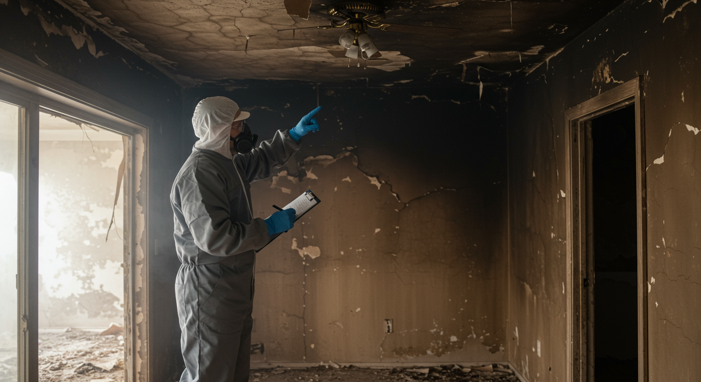 A professional technician examining a room affected by smoke damage, with visible soot on the walls and ceiling. The technician is wearing protective gear and holding a clipboard, documenting the damage.