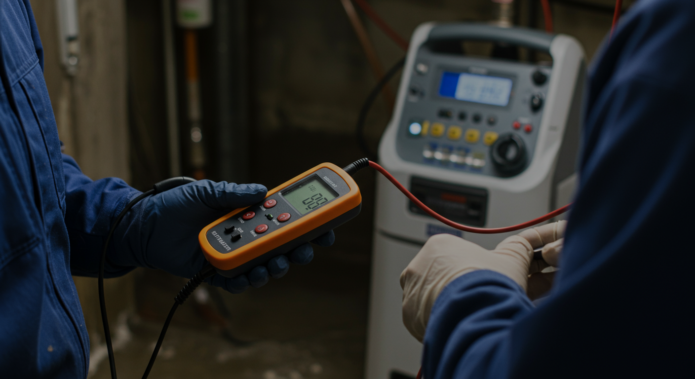 A close-up of a restoration technician using advanced equipment to assess water damage in a basement, with moisture meters and drying equipment visible.