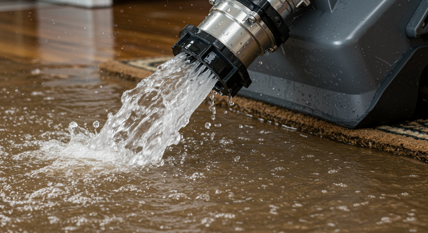 A close-up of a water extraction process, showing a powerful water extraction machine in action, with water being sucked from a flooded area. The background shows a partially submerged carpet.