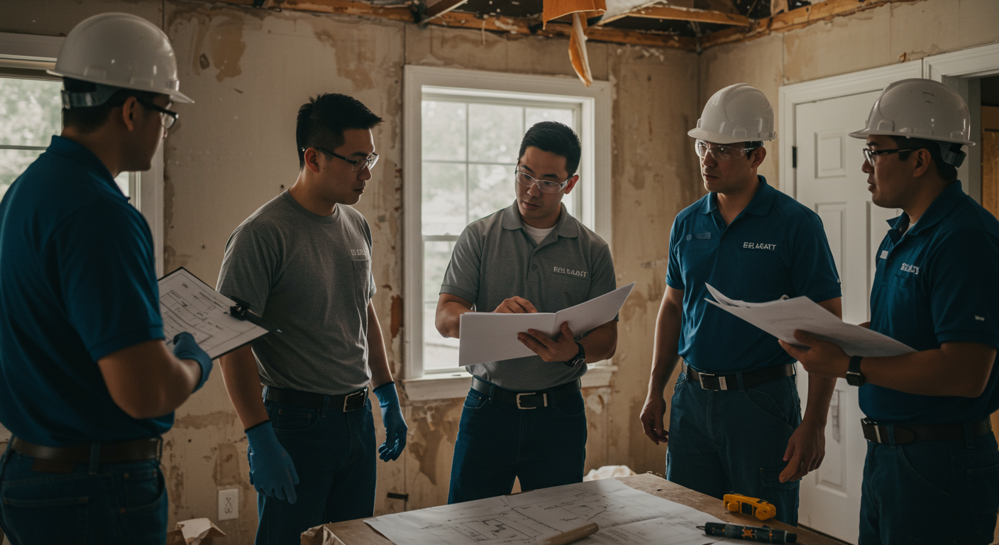 A group of restoration professionals collaborating on a project plan in a home. They are discussing strategies while examining the damage, showcasing teamwork and expertise.