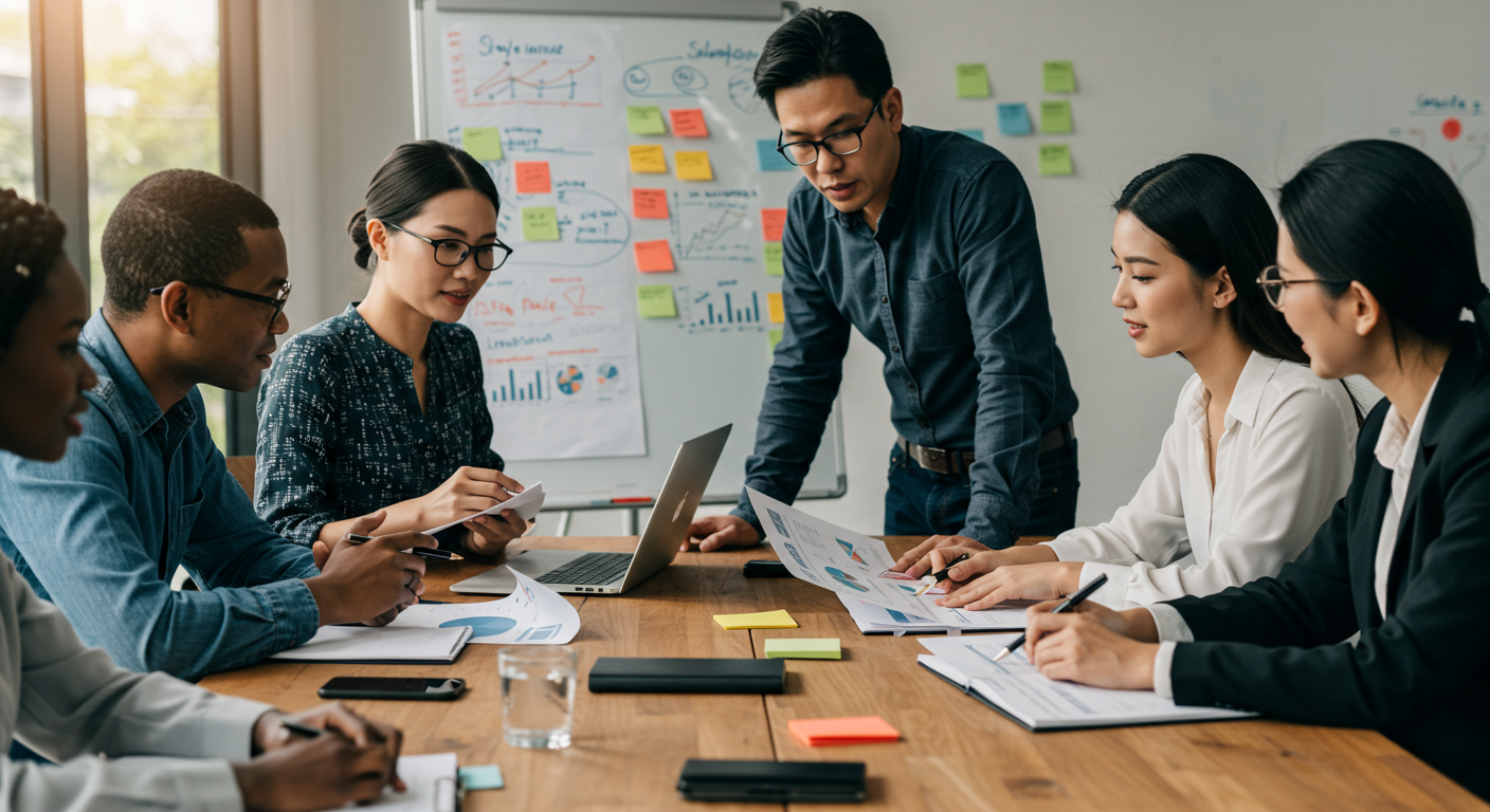 A diverse group of professionals gathered around a conference table, discussing plans and strategies. They are reviewing documents and using a laptop, with a whiteboard filled with charts and notes in the background.