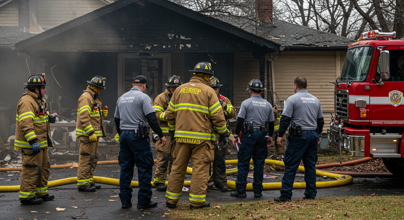 A team of professional firefighters and restoration experts working together to assess and mitigate fire damage in a residential home. The scene captures the urgency and teamwork involved in emergency response.