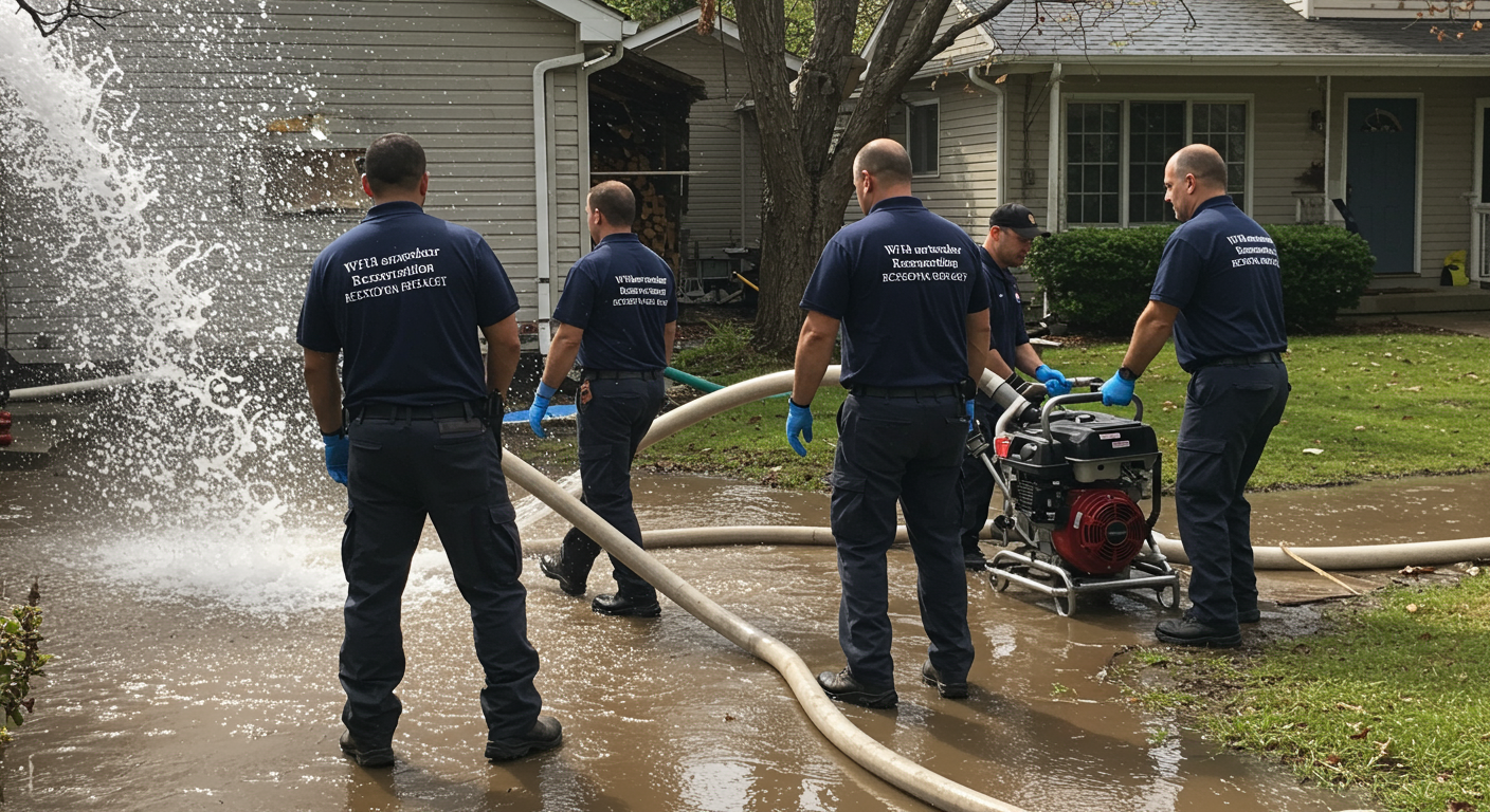 A team of professional restoration technicians actively working to extract water from a flooded residential area.