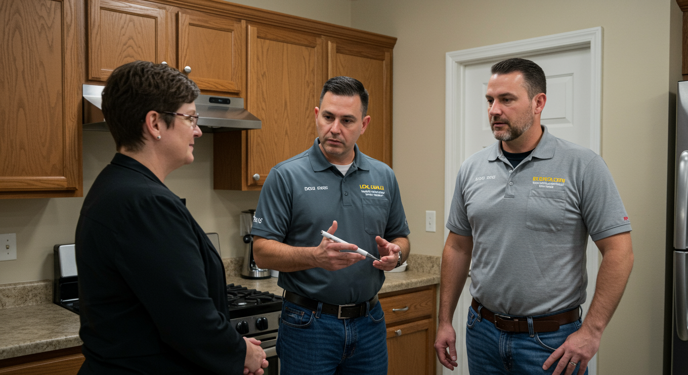 A local mold remediation team discussing a remediation plan with a homeowner in their kitchen. The team is showing professionalism and expertise, with visible trust and engagement from the homeowner.