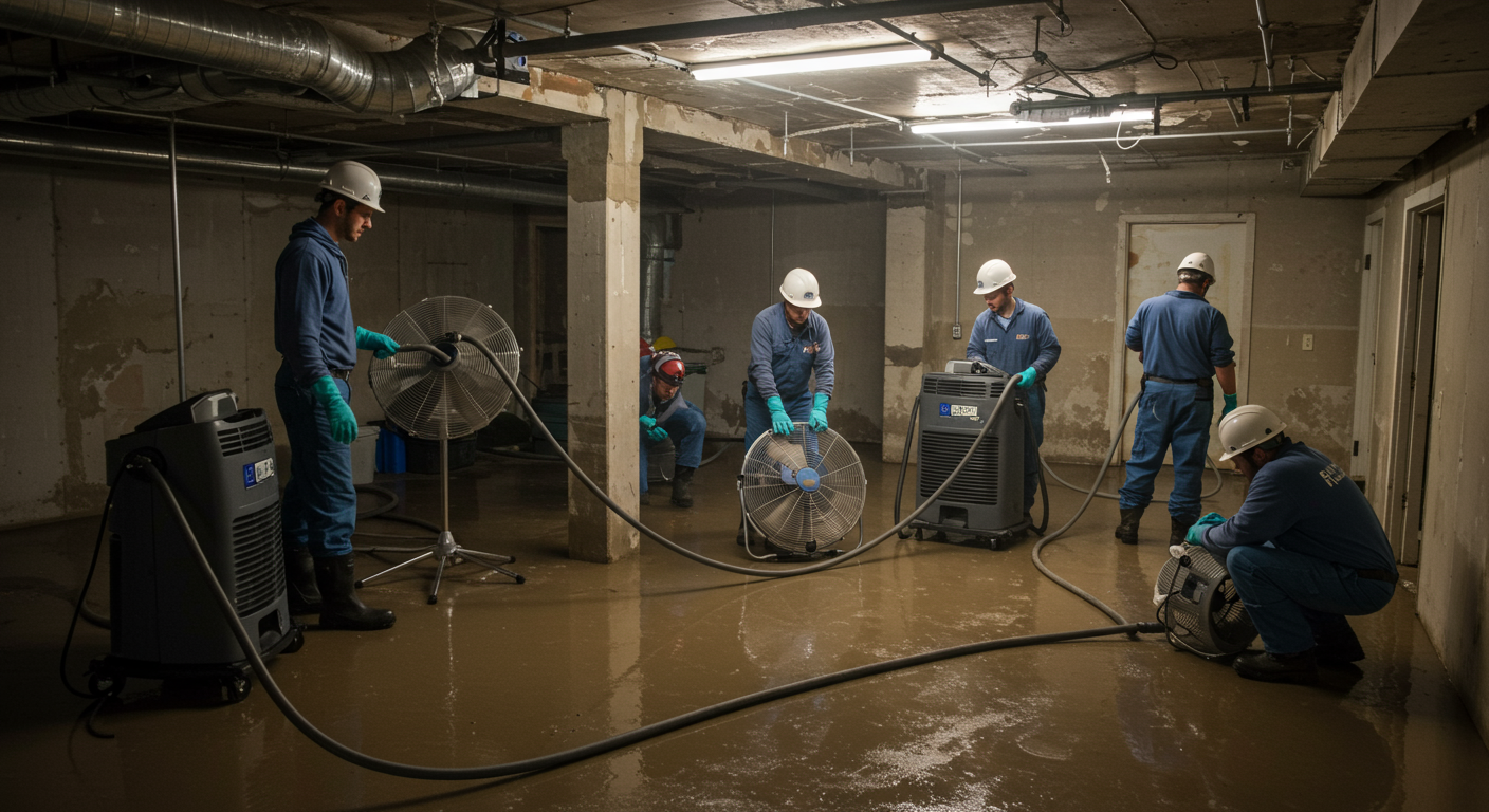 A water damage restoration team is actively working in a flooded basement. They are using industrial fans and dehumidifiers to dry the area, showcasing teamwork and efficiency.