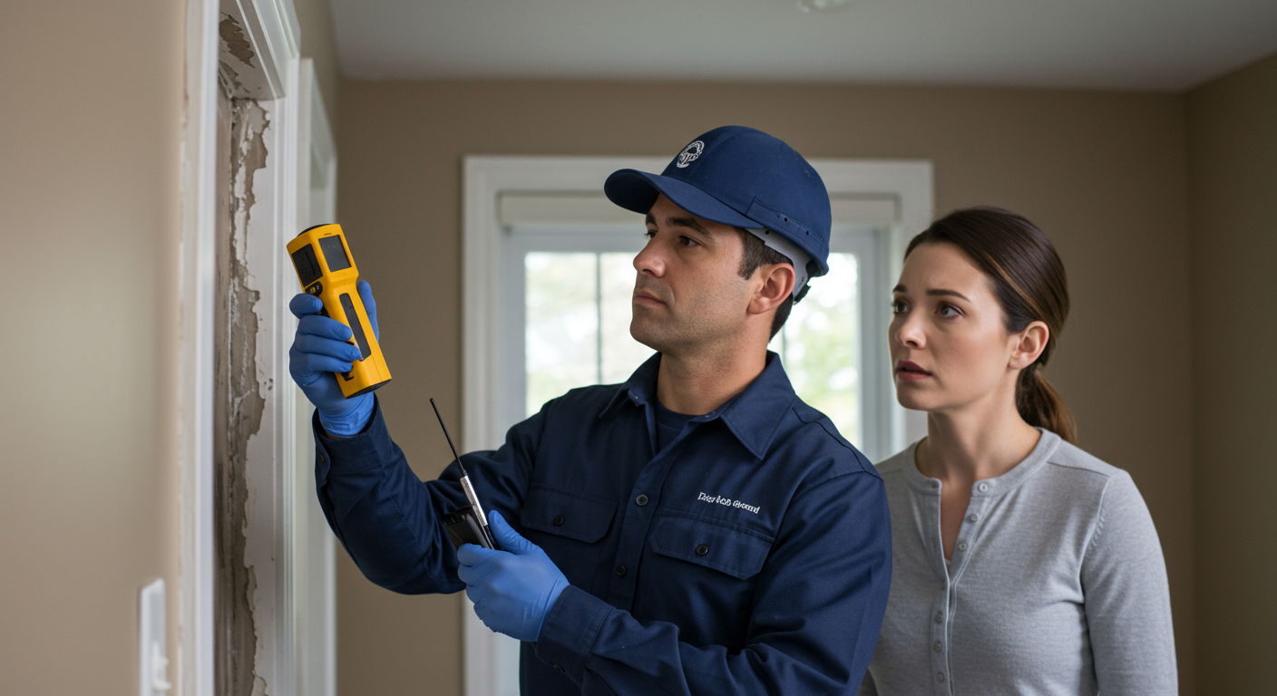 A technician inspecting a water-damaged wall with a moisture meter, while a concerned homeowner looks on. The scene conveys professionalism and trust.