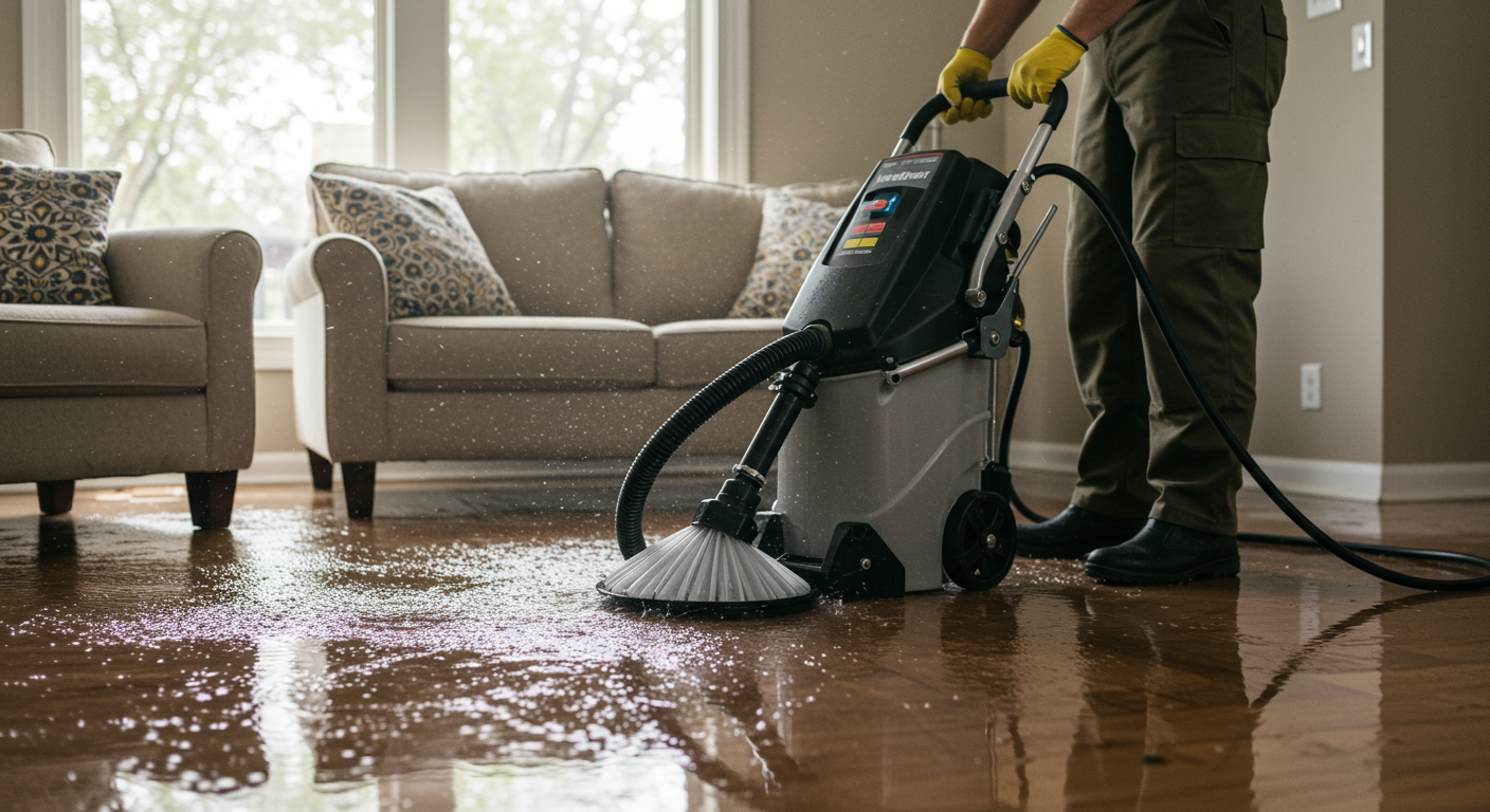 A professional water damage contractor using a powerful water extraction machine in a flooded living room. The scene shows water pooling on the floor, with the contractor focused on the extraction process.