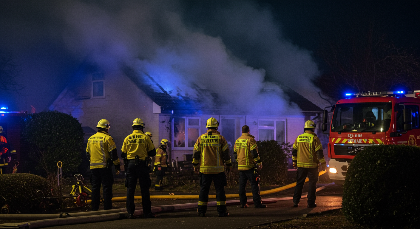 An emergency response team in action, coordinating efforts outside a house with smoke rising, emphasizing urgency and teamwork.