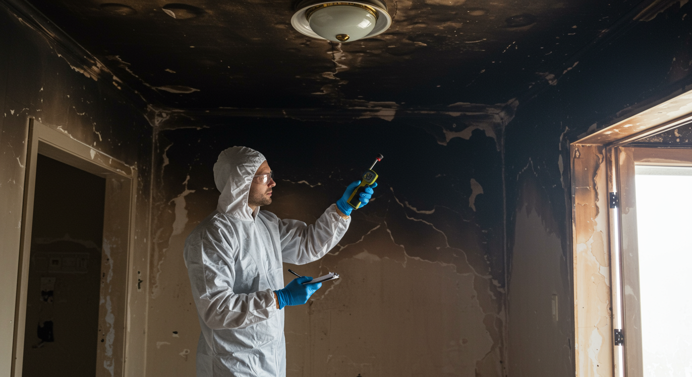 A professional restoration technician inspecting a room affected by smoke damage. The technician is using a moisture meter and taking notes, with visible soot marks on the walls and ceiling.